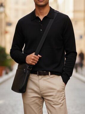 Patrick Assaraf 100% Merino Wool Polo Sweater Black Long Sleeve Knit Size M
